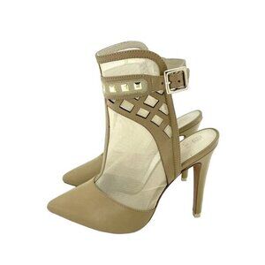 Alepel Fit Pumps Champagne Leather and Mesh Studded Stiletto Shoes SZ 7 New